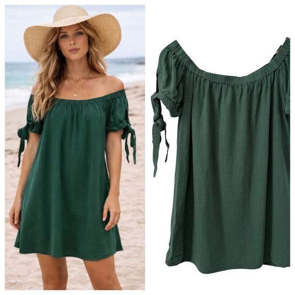 Lulus Dresses & Skirts - Lulus Al Fresco Evenings Off The‎ Shoulder Mini Dress L Green Rayon Cotton Boho